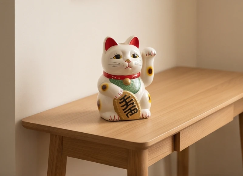 Tượng Mèo Thần Tài gốm sứ đặt trang trọng ở góc 45 độ so với cửa chính phòng khách