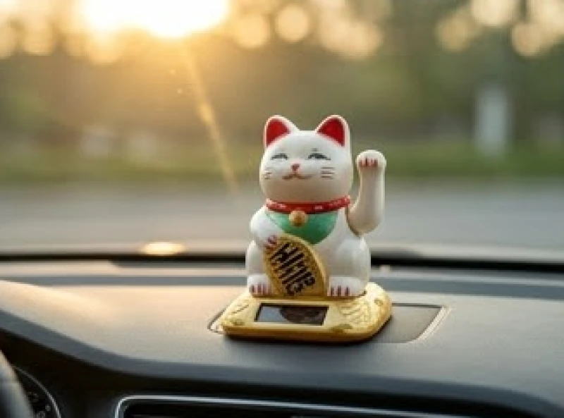 Tượng Mèo Thần Tài Maneki Neko hoạt động bằng năng lượng mặt trời đang vẫy tay vươn lên trên taplo xe ô tô