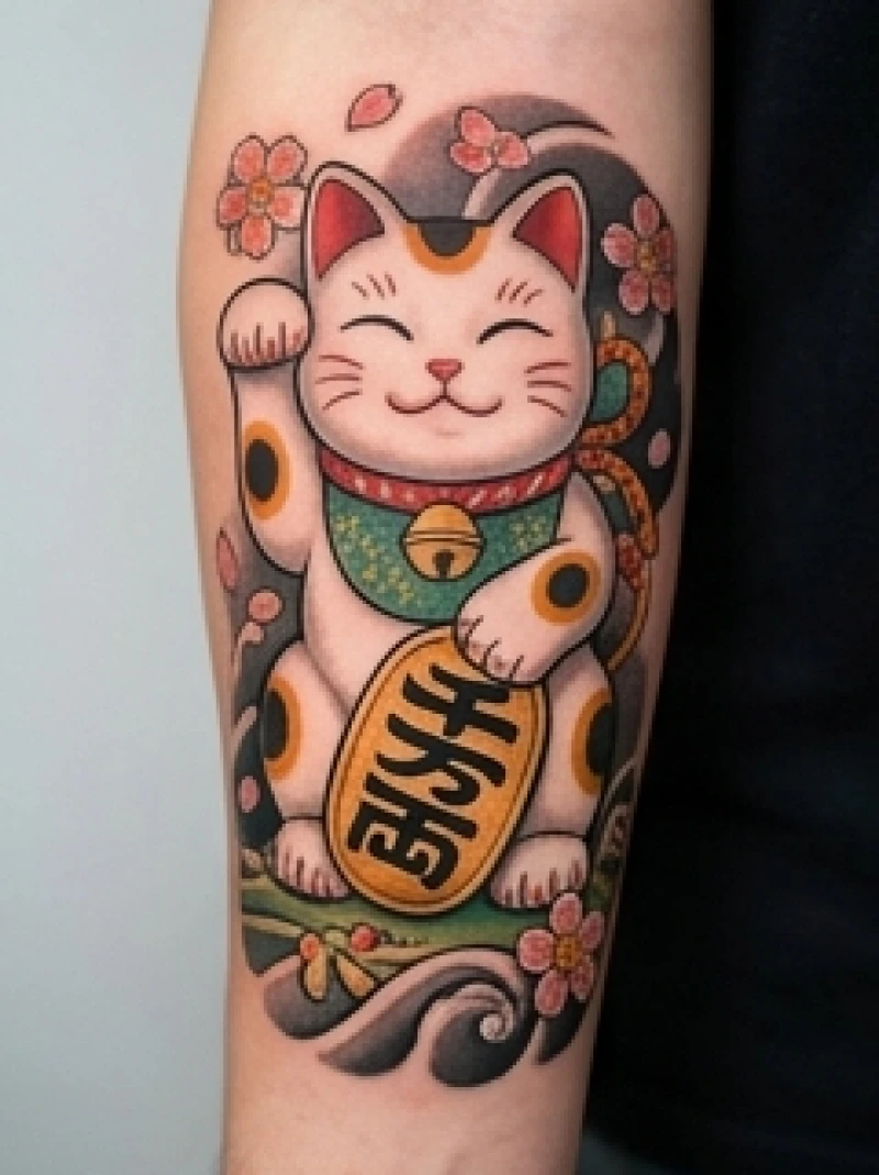 Hình xăm mèo thần tài Maneki Neko mang đậm nét văn hóa Á Đông giúp chiêu tài lộc rực rỡ