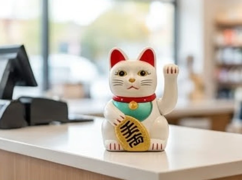 Tượng mèo thần tài giơ cao tay trái đặt nổi bật trên quầy thu ngân của một cửa hàng kinh doanh