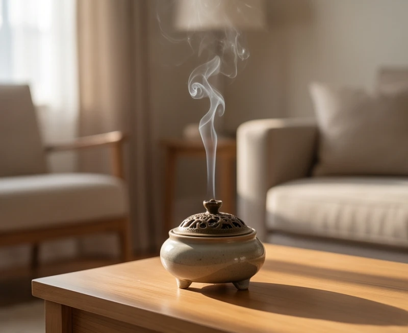 Không gian phòng khách ấm cúng với một lư hương trầm đang tỏa khói mỏng nhẹ giúp thanh lọc không khí