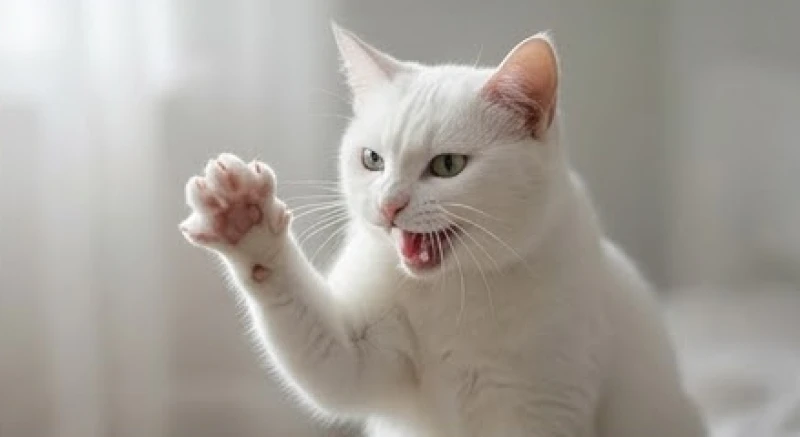 Con mèo trắng có dáng vẻ hung dữ đang giơ móng vuốt cảnh báo sự cản trở từ những kẻ tiểu nhân