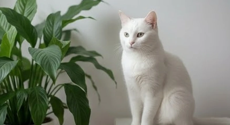 Mèo trắng ngồi cạnh chậu cây xanh tươi tốt thể hiện sự giao thoa giữa mệnh Kim và mệnh Mộc