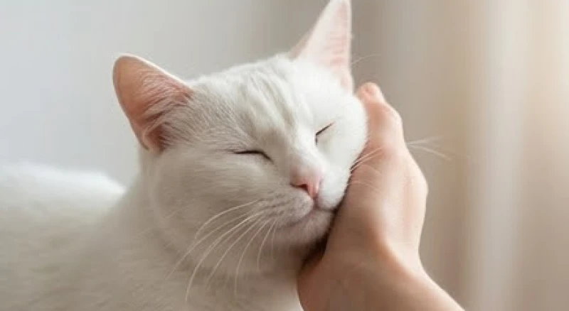 Mèo trắng ngoan ngoãn đang dụi đầu vào tay chủ nhân thể hiện nhu cầu tìm kiếm chỗ dựa tinh thần