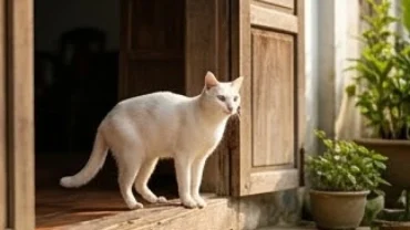 Một con mèo lông trắng toát đứng trước cửa nhà gỗ truyền thống, phản ánh hiện tượng mèo trắng vào nhà là điềm gì