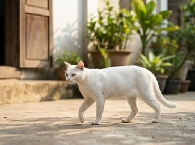 Mèo trắng vào nhà là điềm gì: Giải mã khung giờ và màu lông 2 Mèo trắng hoang tha thẩn trước sân nhà đầy nắng vào buổi sáng sớm để tìm kiếm thức ăn