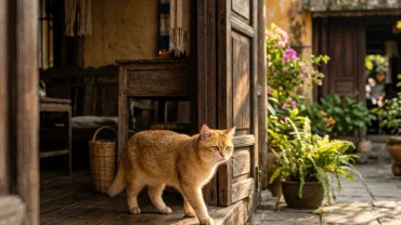 Hình ảnh chú mèo lông vàng ấm áp bước qua ngưỡng cửa giúp gia chủ giải mã hiện tượng mèo vàng vào nhà là điềm gì