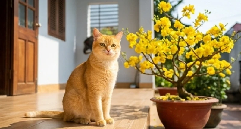 Chú mèo vàng xuất hiện rạng rỡ bên thềm nhà vào buổi sáng sớm đầu năm tượng trưng cho hỷ sự và tài lộc gõ cửa
