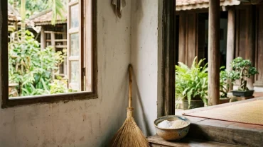 Hình ảnh góc nhà gỗ truyền thống Việt Nam ấm áp với chiếc chổi tre nhỏ giúp giải đáp mèo vào nhà chết là điềm gì