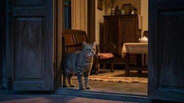 Một con mèo hoang đứng trước cửa nhà trong đêm gợi nhắc thắc mắc mèo vào nhà kêu là điềm gì