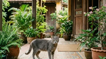 Chú mèo xám hoang dã đứng trước hiên nhà Việt Nam giúp giải đáp hiện tượng mèo xám vào nhà là điềm gì
