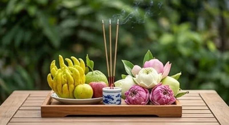 Văn khấn thả chim phóng sinh: Bài cúng chuẩn và cách thả an toàn 6 Mẹt lễ nhỏ gồm quả Phật thủ và hoa sen tươi được bày biện trang nghiêm trước mặt người làm lễ