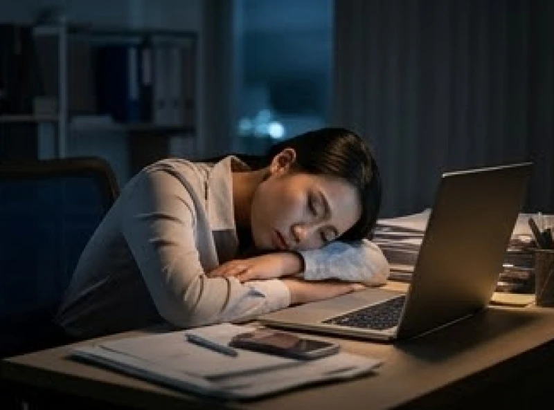 Nữ nhân viên văn phòng gục đầu xuống bàn làm việc thể hiện sự kiệt quệ năng lượng và căng thẳng