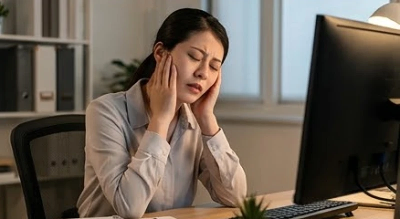 Mơ thấy răng thưa: Giải mã điềm báo, bảng số và hướng xử lý 3 Nữ nhân viên văn phòng xoa bóp vùng thái dương và cơ hàm do kiệt sức