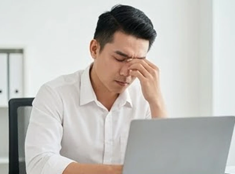 Giật mí mắt dưới là điềm gì? Giải mã 12h nam nữ & góc nhìn y học 1 Người đàn ông trẻ đang làm việc căng thẳng trước máy tính và dùng tay xoa nhẹ vùng mí mắt dưới vì mệt mỏi