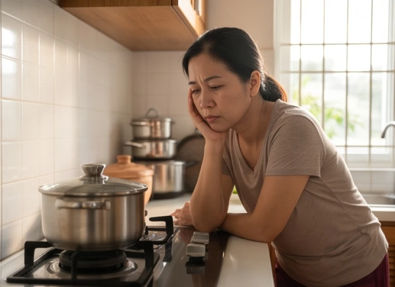 Người phụ nữ lộ vẻ mệt mỏi và suy tư khi đứng nấu ăn trong gian bếp gia đình