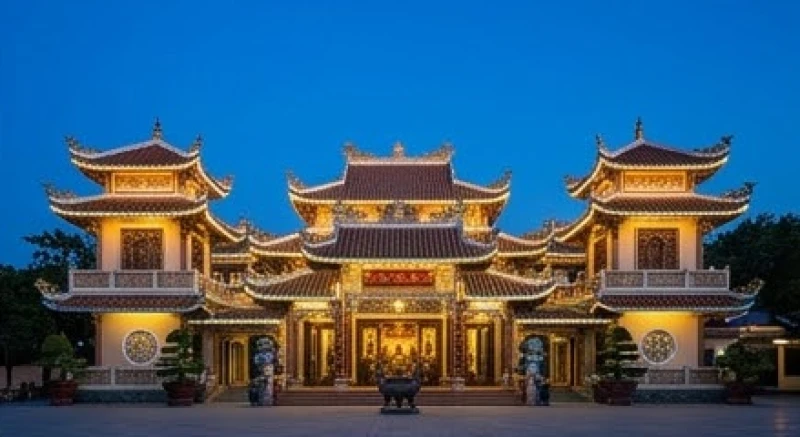 Khung cảnh tĩnh lặng và trang nghiêm tại Miếu Bà Chúa Xứ Châu Đốc vào ban đêm