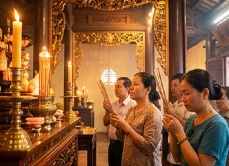 Người dân hành hương thắp hương và dâng lễ vật tại khu vực chánh điện miếu Bà Chúa Xứ Núi Sam