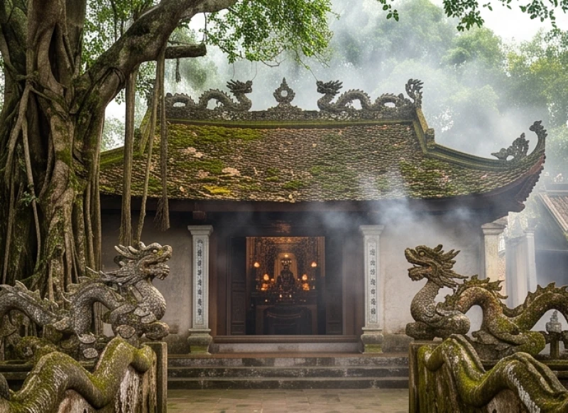 Văn khấn tại miếu: Hướng dẫn sắm lễ, bài trí và bài khấn chuẩn 10 Lối vào rêu phong của một ngôi miếu cổ kính tĩnh lặng dưới bóng cây đại thụ