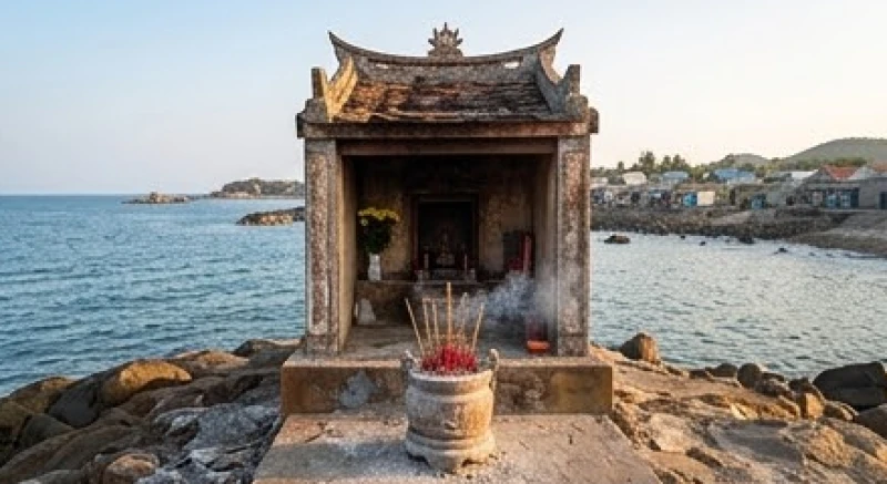 Ngôi miếu nhỏ thờ cúng các vị thần linh sông nước được người dân chài lập ngay sát bờ biển