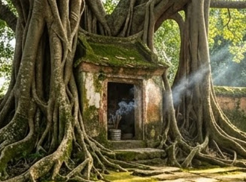 Văn khấn cây đa cổ thụ: Bài cúng chuẩn tâm linh & cách sắm lễ 2 Ngôi miếu cổ kính tĩnh lặng nằm nép mình dưới rễ cây đa cổ thụ linh thiêng