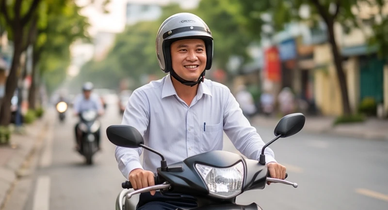 Người lái xe máy nở nụ cười tươi tắn và thân thiện khi tương tác trên đường phố