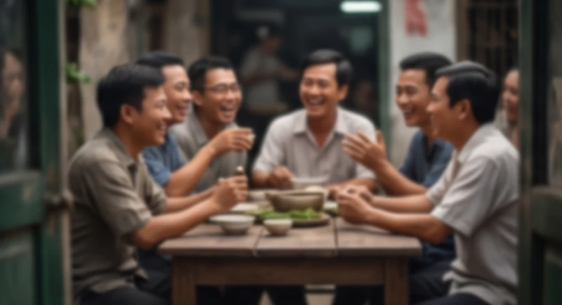 Mơ thấy ăn thịt chó: Điềm báo hên xui & bảng tra số mơ 4 Nhóm bạn bè ngồi tụ tập ăn uống trong mâm cỗ mờ ảo gợi nhớ đến giấc mơ đầy ẩn ý