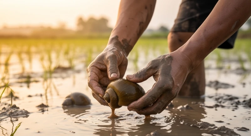 Người nông dân lội bùn dưới ruộng lúa để mò bắt những con ốc bươu béo ngậy