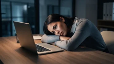 Nhân viên văn phòng gục đầu mệt mỏi trên bàn làm việc thể hiện áp lực dẫn đến mơ bị đuổi việc
