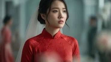 Cô gái trẻ mang nét mặt suy tư trong trang phục cưới truyền thống mờ ảo thể hiện ý nghĩa giấc mơ bị ép lấy chồng