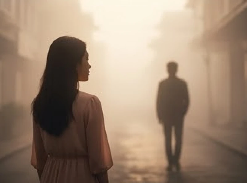 Một cô gái Việt Nam đứng nhìn bóng lưng người mình thương dần xa khuất trong một không gian mờ ảo