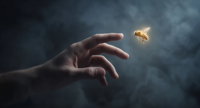 Bàn tay người đang vươn ra trong bóng tối và một con ong bay sát tới mang theo thông điệp về tài chính