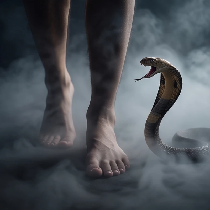Đôi chân trần bước đi trong sương mù bị rắn hổ mang phục kích cắn vào gót báo hiệu sự cản trở lộ trình