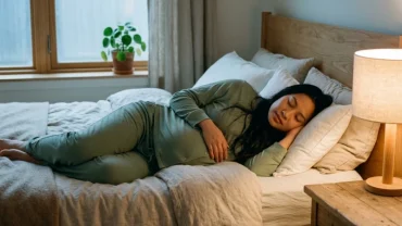 Người phụ nữ mang thai ngủ bình yên trên giường sau khi xoa dịu lo âu do giấc mơ bị sảy thai gây ra