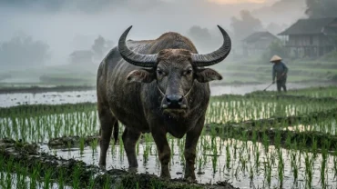 Hình ảnh người hoảng sợ trong giấc mơ bị trâu húc giữa cánh đồng lúa thanh bình tại làng quê Việt Nam