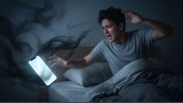 Một người đang bàng hoàng thức giấc sau giấc mơ bị trộm điện thoại trong không gian phòng ngủ mờ ảo.