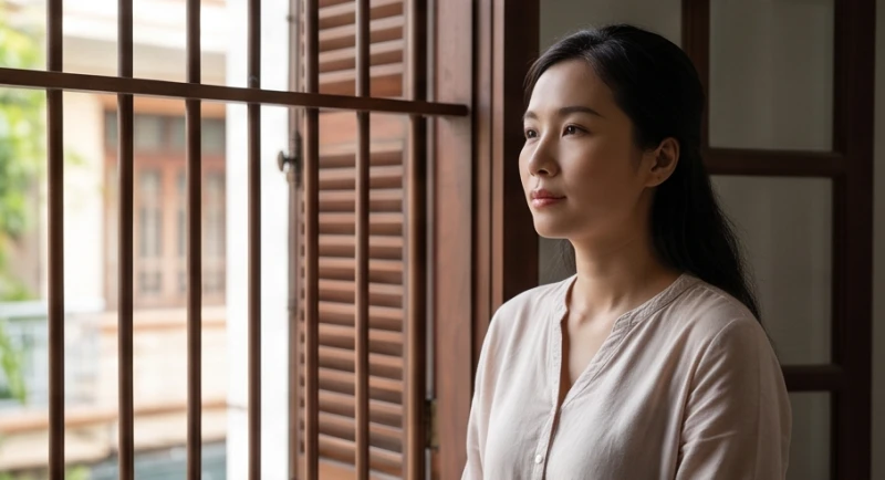 Người vợ trẻ đăm chiêu bên khung cửa sổ nghĩ về cách dung hòa mối quan hệ sau khi mơ thấy bố mẹ cãi nhau
