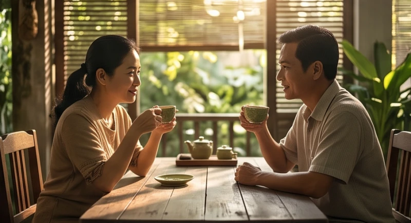 Đôi vợ chồng Việt Nam đang ngồi trò chuyện bình tĩnh bên bàn trà để hóa giải các vướng mắc trong gia đình