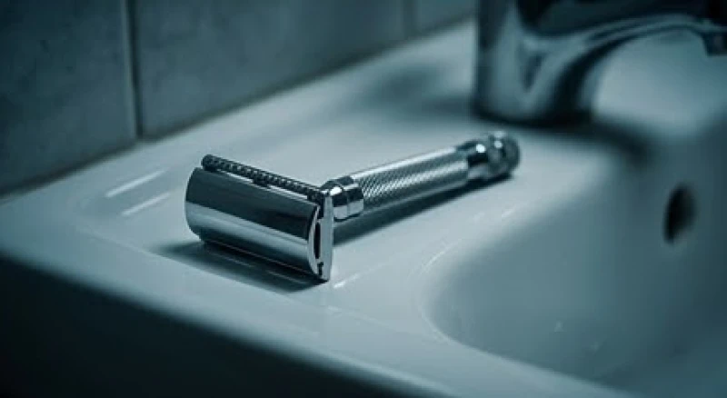 Lưỡi dao cạo bằng kim loại nằm tĩnh lặng trên bồn rửa mặt bằng sứ trắng dưới ánh đèn mờ căng thẳng