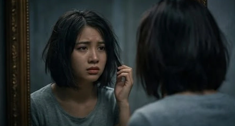 Cô gái mang vẻ mặt thất vọng và lo âu khi nhìn thấy mái tóc của mình bị cắt nham nhở trong gương