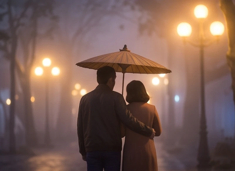 Hai người đi chung dưới một chiếc ô dưới ánh đèn đường mờ ảo gợi lên sự thân mật