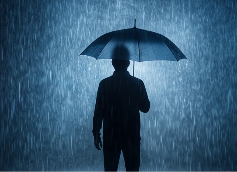 Người đứng vững dưới cơn mưa lớn tầm tã nhờ có chiếc ô che chắn an toàn