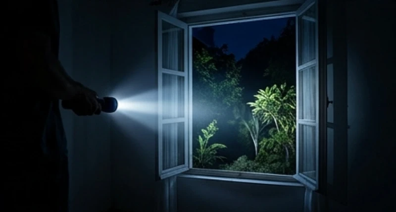 Dơi con bay vào nhà là điềm gì: Ý nghĩa mầm lộc và cách xử lý 7 Căn phòng tối được mở toang cửa sổ với một luồng ánh sáng đèn pin chiếu rọi hướng ra ngoài hiên