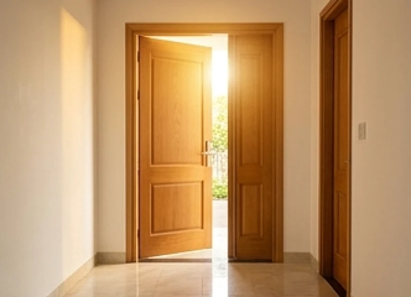 Hướng cửa chính hợp tuổi Thân: Kích thước Lỗ Ban & Hóa giải 1 Cửa chính bằng gỗ lớn mở rộng đón ánh sáng tự nhiên và sinh khí vào nhà