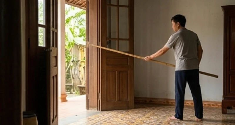 Gia chủ đứng từ xa dùng cây sào dài nhẹ nhàng khều mở rộng cánh cửa gỗ để tạo lối thoát an toàn