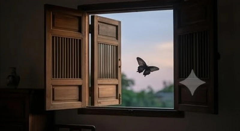 Khung cảnh mở toang cửa sổ nhà để hướng dẫn con bướm đen tự bay ra ngoài ánh sáng tự nhiên