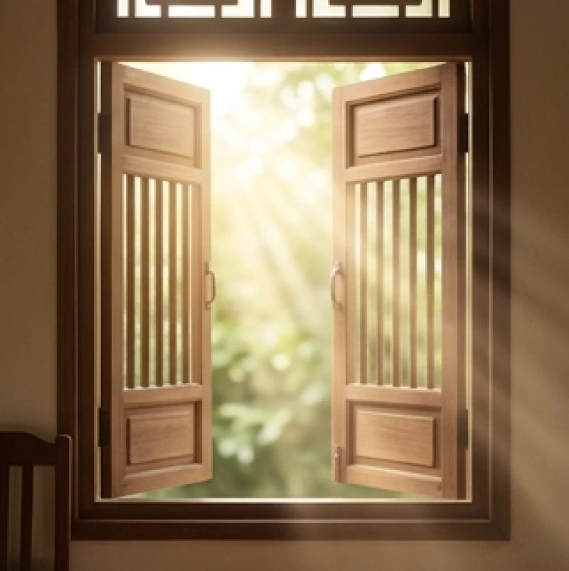Khung cửa sổ gỗ truyền thống mở rộng đón ánh sáng mặt trời rực rỡ để dẫn đường cho bướm bay ra ngoài