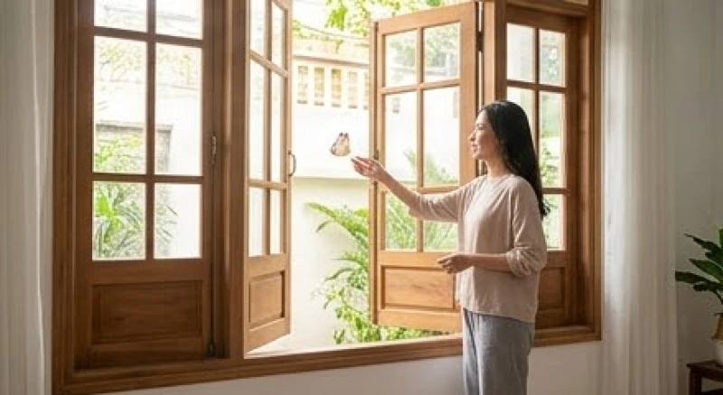 Gia chủ mở rộng các cánh cửa sổ gỗ để đón gió và tạo lối thoát tự nhiên cho bướm bay ra ngoài