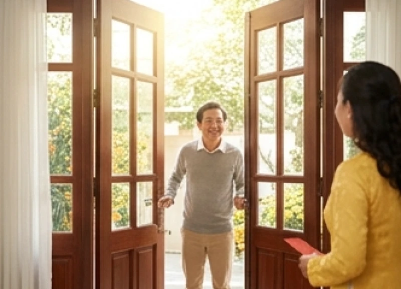 Gia chủ tươi cười mở rộng cánh cửa chính đón ánh nắng ban mai rực rỡ