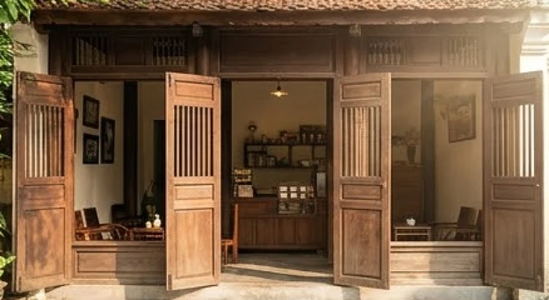 Khung cảnh một quán cà phê truyền thống vừa mở cửa đón ánh nắng sớm dịu nhẹ